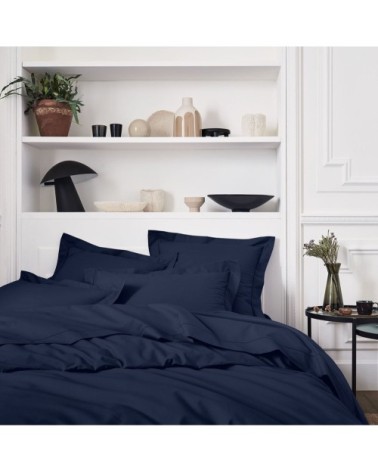 Housse de couette unie en percale de coton bleu 260x240