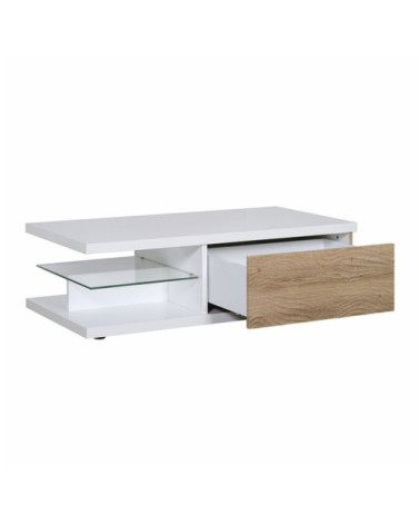 Table basse 1 Tiroir large - Blanc et effet Bois