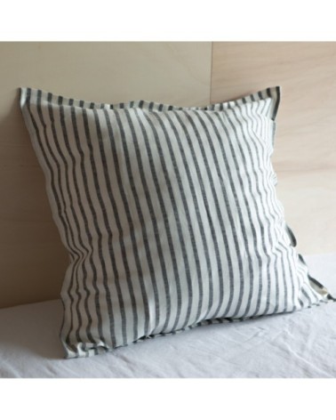 Taie d'oreiller en lin lavé larges rayures noir/crème 65x65
