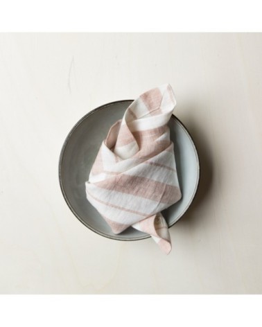 Serviette en lin lavé larges rayures rose/crème 45x45
