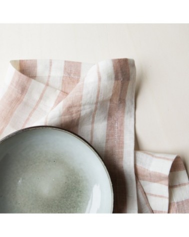 Serviette en lin lavé larges rayures rose/crème 45x45