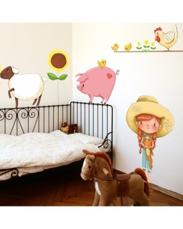 sticker mural petite fille à la ferme pour enfant