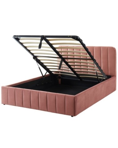 Lit coffre 140x190cm en velours rose + tête de lit + sommier à lattes