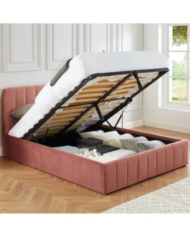 Lit coffre 140x190cm en velours rose + tête de lit + sommier à lattes