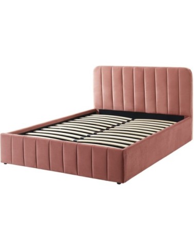 Lit coffre 140x190cm en velours rose + tête de lit + sommier à lattes