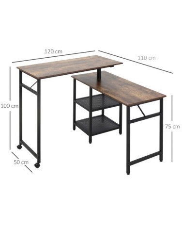 Bureau industriel d'angle modulable 2 étagères aspect bois métal noir