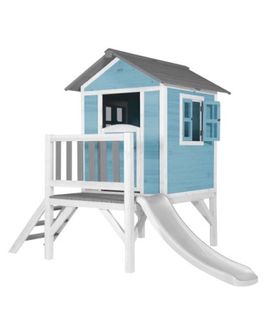 Maisonnette bleue sur pilotis avec toboggan blanc