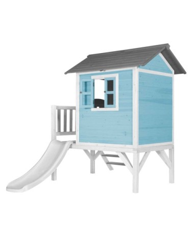 Maisonnette bleue sur pilotis avec toboggan blanc