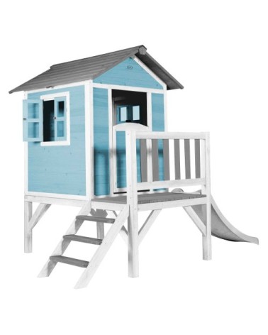 Maisonnette bleue sur pilotis avec toboggan blanc