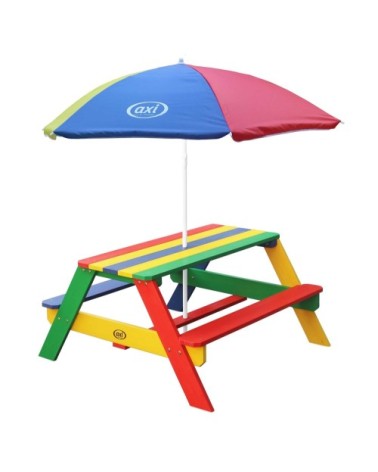 Table de pique-nique avec parasol arc-en-ciel