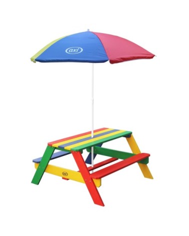 Table de pique-nique avec parasol arc-en-ciel
