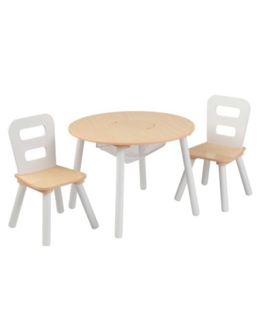 Table ronde et 2 chaises bois naturel et blanc
