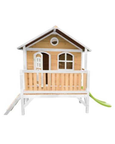 Maisonnette sur pilotis en bois brun/blanc avec toboggan vert