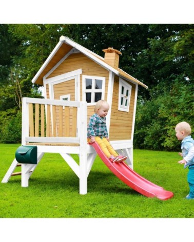 Maisonnette en bois écologique avec toboggan rouge