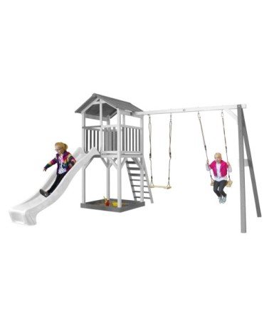 Aire de jeux avec 2 balançoires et toboggan blanc