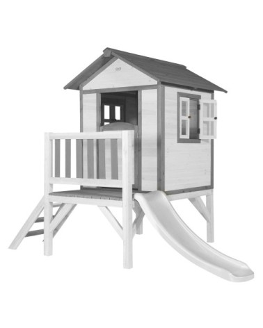 Maisonnette blanche sur pilotis avec toboggan blanc