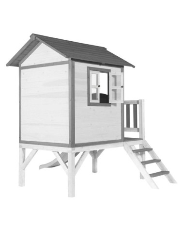 Maisonnette blanche sur pilotis avec toboggan blanc