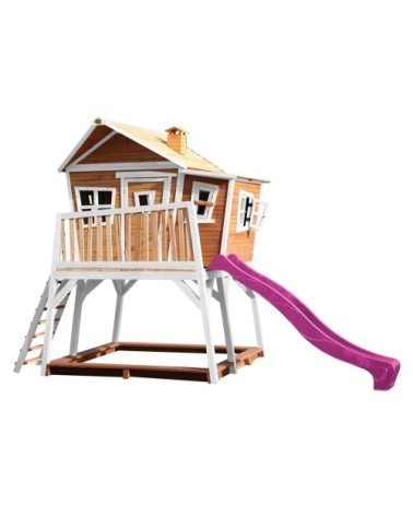 Cabane de en bois brun/blanc et toboggan violet