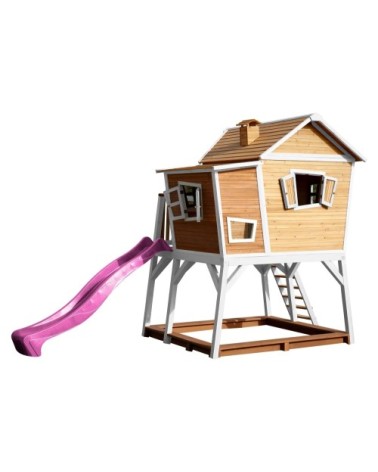 Cabane de en bois brun/blanc et toboggan violet