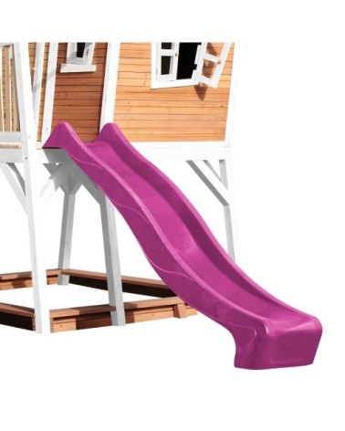 Cabane de en bois brun/blanc et toboggan violet