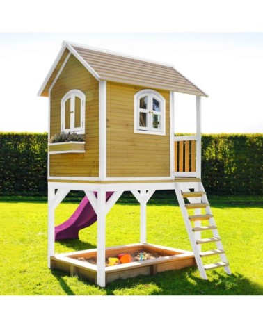 Cabane bois sur pilotis avec toboggan violet