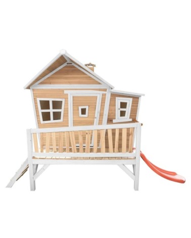 Cabane asymétrique en bois sur pilotis avec toboggan 118 cm rouge