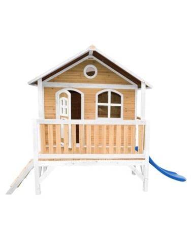 Maisonnette sur pilotis en bois brun/blanc avec toboggan bleu