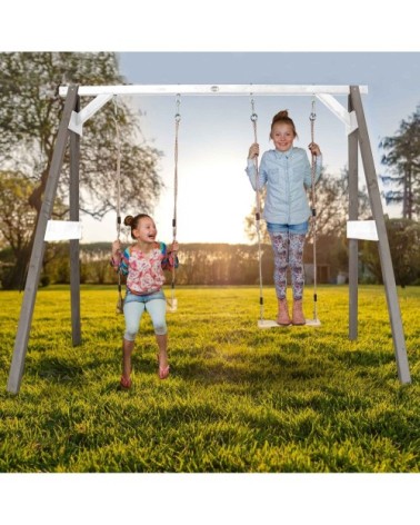 Portique en bois gris/blanc avec balançoire siège nid rond