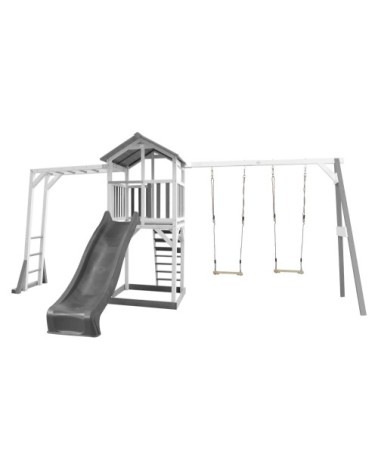 Aire de jeux 2 balançoires échelle de singe et toboggan gris