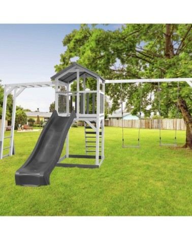 Aire de jeux 2 balançoires échelle de singe et toboggan gris