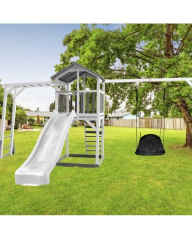 Aire de jeux échelle de singe 1 balançoire nid ovale toboggan blanc