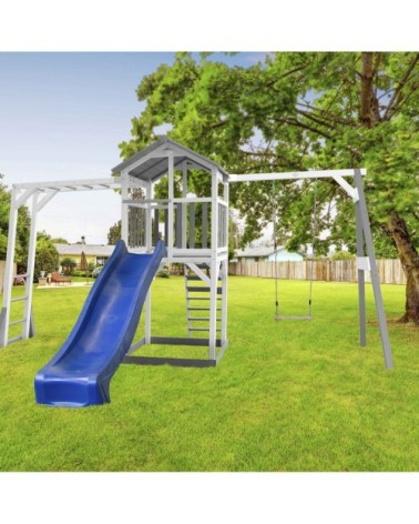 Aire de jeux avec échelle de singe 1 balançoire et toboggan bleu