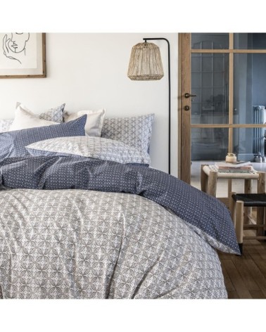Housse de couette imprimée en percale de coton blanc et bleu 200x200