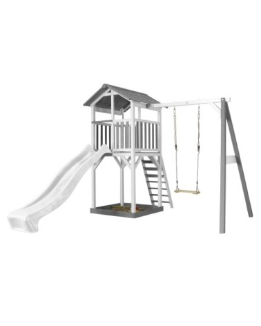 Aire de jeux 1 balançoire bois et toboggan blanc