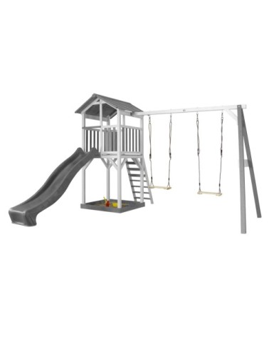 Aire de jeux avec 2 balançoires et toboggan gris