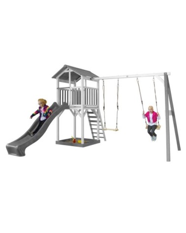 Aire de jeux avec 2 balançoires et toboggan gris