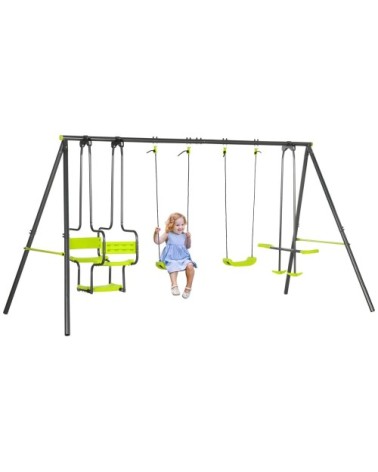 Portique balançoire enfant 4 agrès nacelle métal pe gris vert pomme