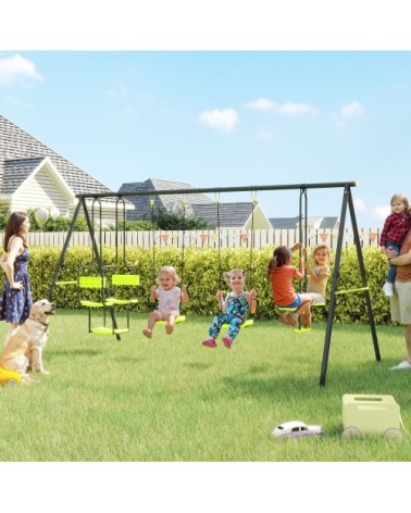 Portique balançoire enfant 4 agrès nacelle métal pe gris vert pomme
