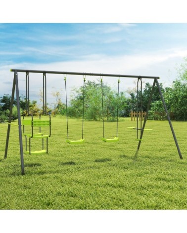Portique balançoire enfant 4 agrès nacelle métal pe gris vert pomme
