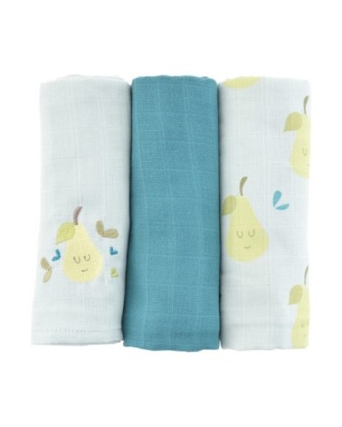 Lot de 3 langes turquoise coton bio 60x60 cm