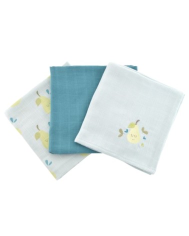 Lot de 3 langes turquoise coton bio 60x60 cm