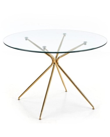 Table de salle à manger ronde verre et acier doré 110cm