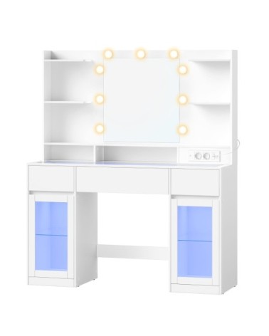 Coiffeuse avec miroir avec bandes lumineuses 2 placards vitrés blanc