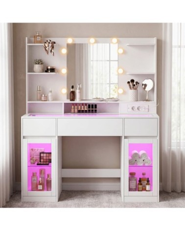 Coiffeuse avec miroir avec bandes lumineuses 2 placards vitrés blanc