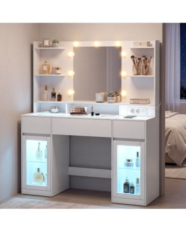 Coiffeuse avec miroir avec bandes lumineuses 2 placards vitrés blanc