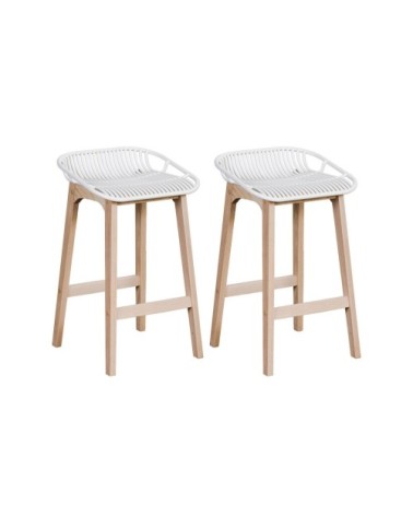 Lot de 2 tabourets de bar en chêne et assise blanche 65 cm