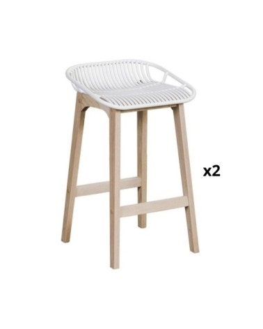 Lot de 2 tabourets de bar en chêne et assise blanche 65 cm