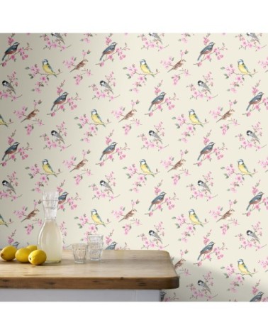 Papier peint intissé oiseaux sur branches rose taupe 1005x52cm
