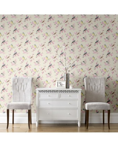 Papier peint intissé oiseaux sur branches rose taupe 1005x52cm