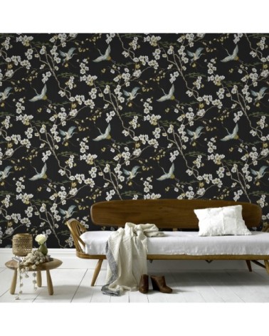 Papier peint intissé oiseaux Japonais noir vert 1005x52cm